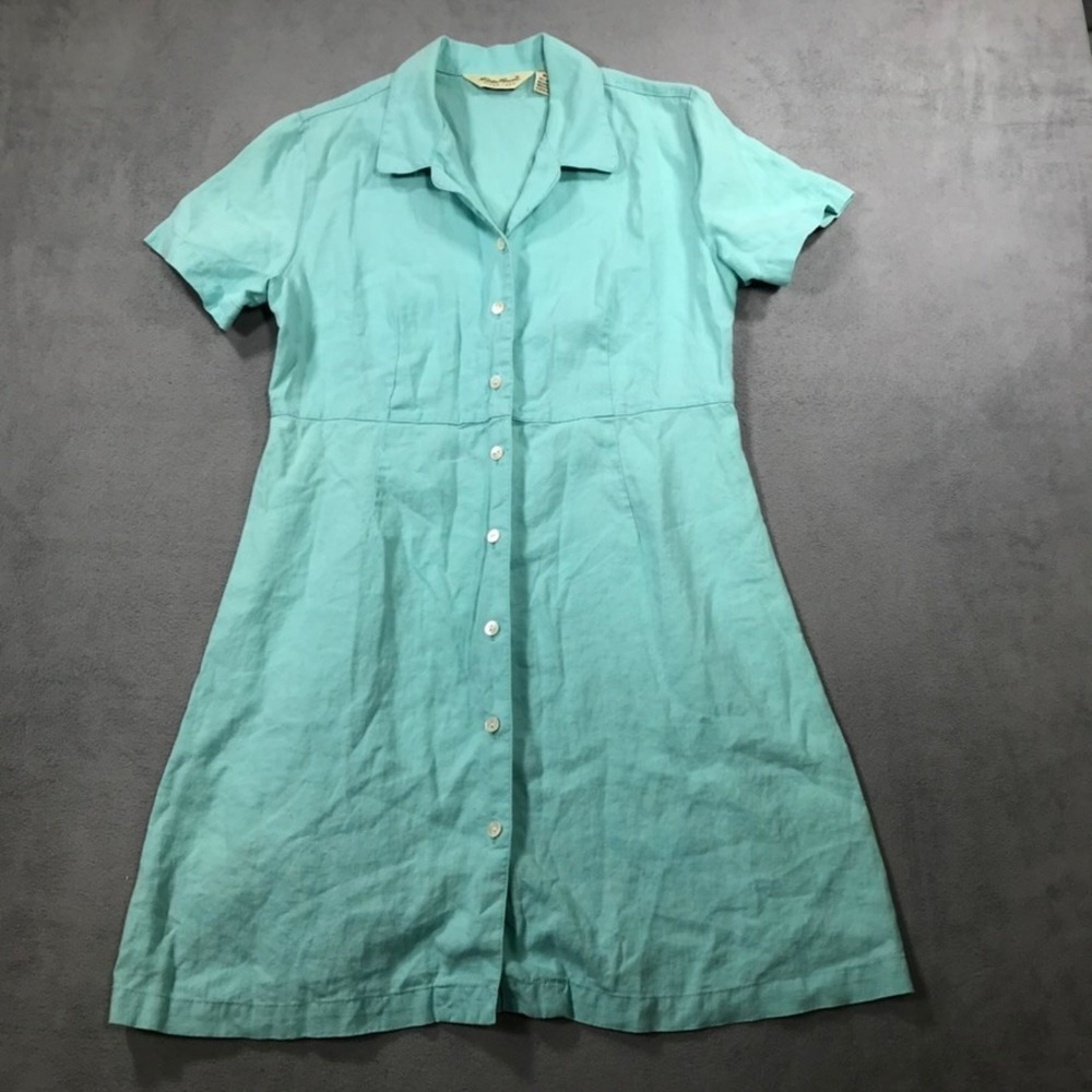 Eddie Bauer Shirt Dress Womens M Turquoise Linen Short Sleeve Button Up Vintage
